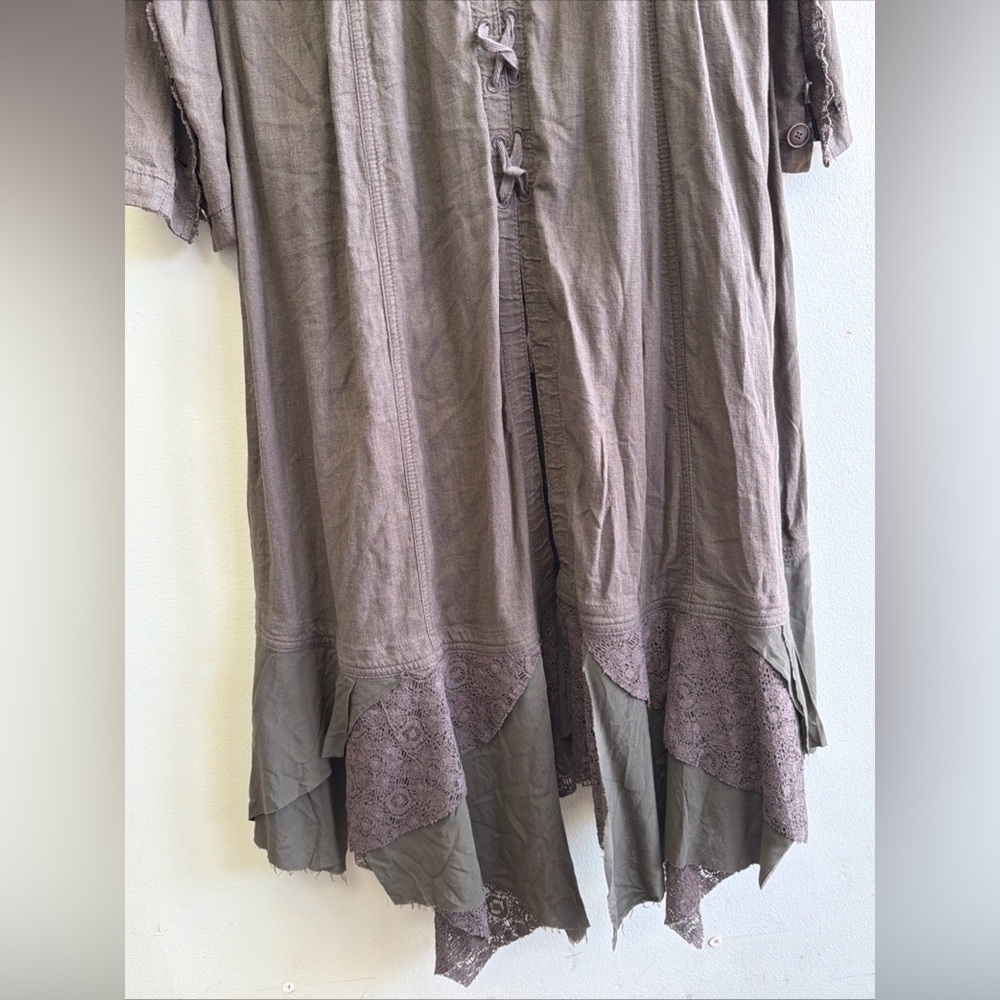 Vintage Free People Linen Maxi Jacket Duster Laced Up Back Lace Hem L - Picture 10 of 10